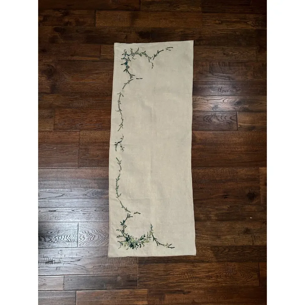 Vintage Rectangular Linen Table Runner Hand Embroidered Puffy Pink Rosebud Vine